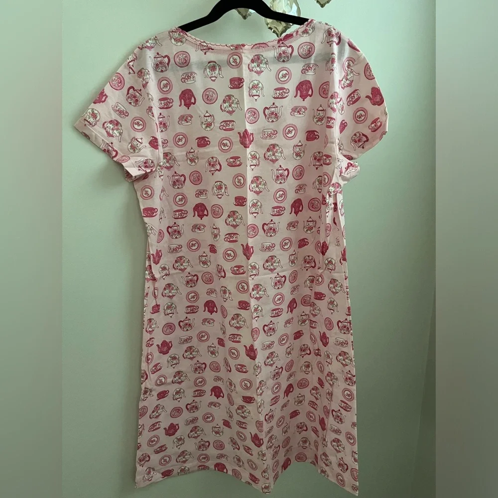 Midnight by Carole Hochman Pink and Green Tea Print Nightshirt 100 %Cotton - Picture 2 of 11